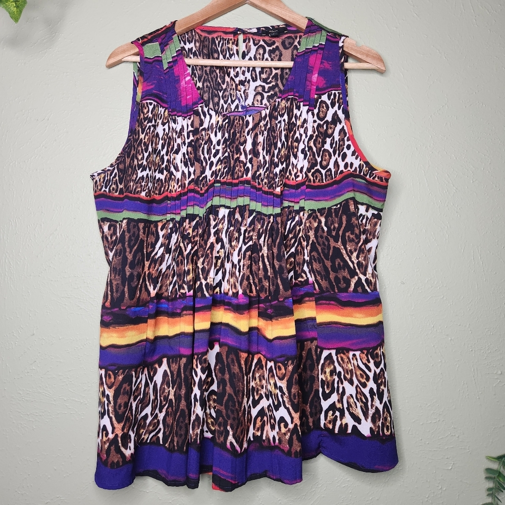 Milano Leopard Print Sleeveless Blouse with Serape Stripes Large Pleated Rainbow